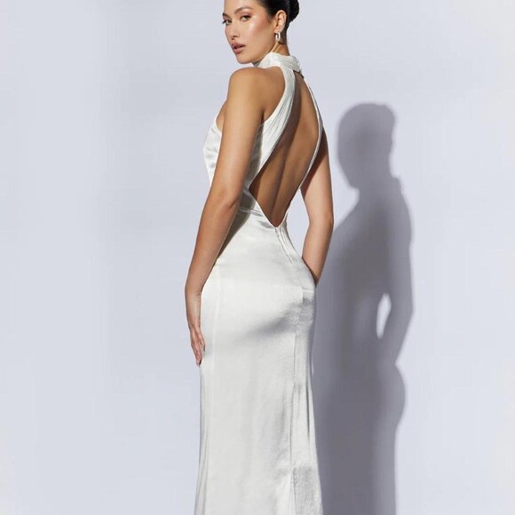 Elegant White Maxi Dress Open Back XS - Meshki Claire Satin Drape Halter Neck - Picture 1 of 11